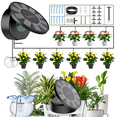 AnseTo Solar Irrigation System, 2024 Newest Flip Cover Irrigation System Kit Solar Drip Irrigation System with 9 Watering Programs and 10M Hose for Gardens,Courtyards,Balconies,Greenhouses ect