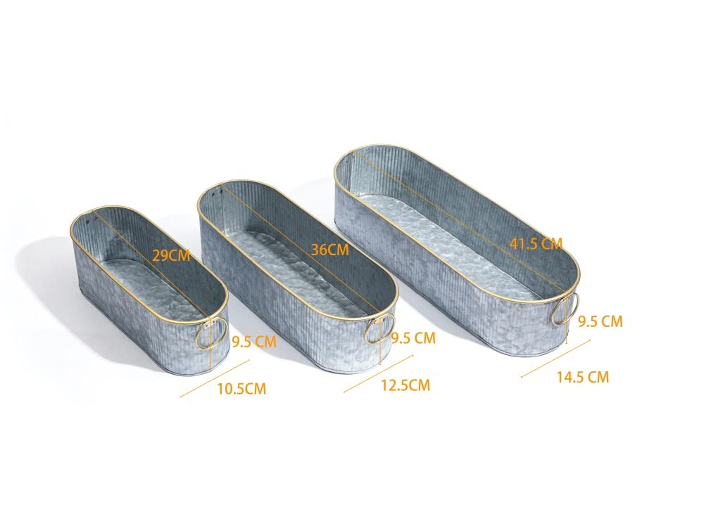 Dipamkar Set of 3 Vintage Long Oval Galvanized Metal Garden Trough Planters Windowsill Box Herb Pots Outdoor Plant Pots