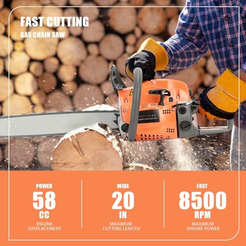 58cc Petrol Chainsaw, High Power 20" Gas Chainsaw with Fast Cutting and Labor-Saving Design, Handheld Logging Machine, Gas Powered Wood Cutting Chain Saw for Tree Pruning Garden Orange