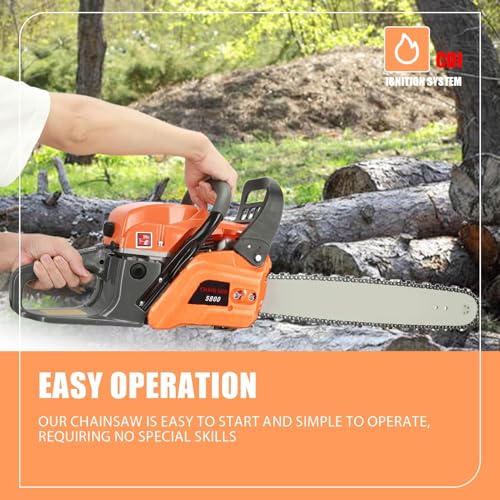 58cc Petrol Chainsaw, High Power 20" Gas Chainsaw with Fast Cutting and Labor-Saving Design, Handheld Logging Machine, Gas Powered Wood Cutting Chain Saw for Tree Pruning Garden Orange
