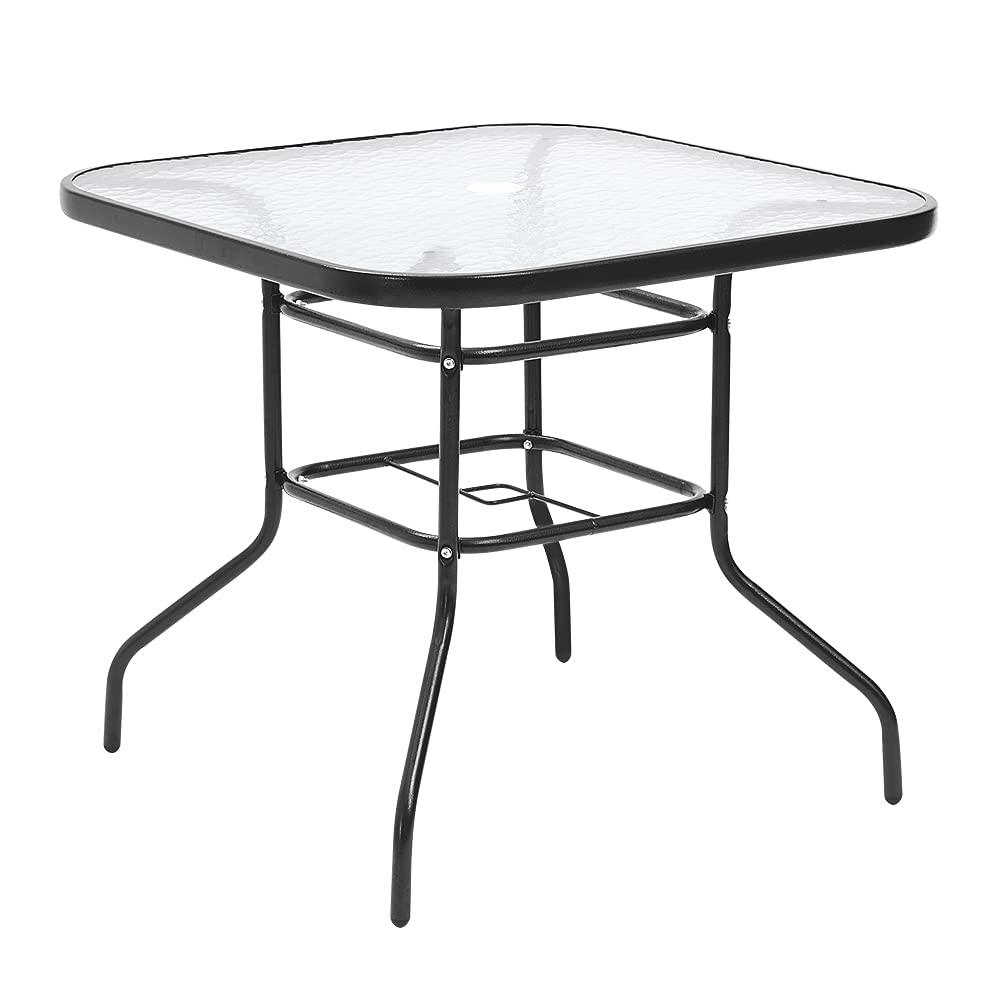Panana 80cm Square Garden Dining Table with Parasol Hole, Outdoor Coffee Table with Tempered Glass Tabletop, Metal Frame for Backyard, Patio, Balcony