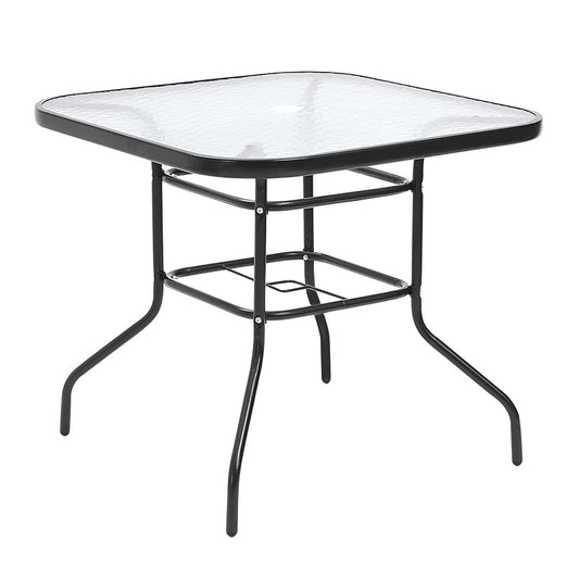Panana 80cm Square Garden Dining Table with Parasol Hole, Outdoor Coffee Table with Tempered Glass Tabletop, Metal Frame for Backyard, Patio, Balcony