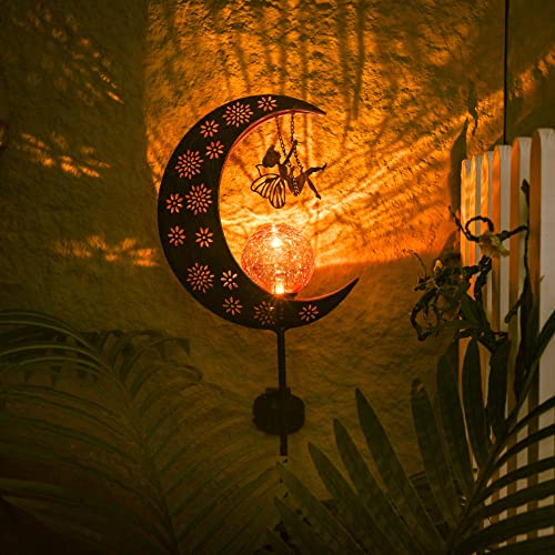 TERESA'S COLLECTIONS Fairy Garden Ornaments Outdoor, Large Fairy Swinging on the Moon Solar Lights for Garden Gifts, Solar Stake Lights with Crackle Glass Ball for Lawn Yard, Garden Path, 39inch