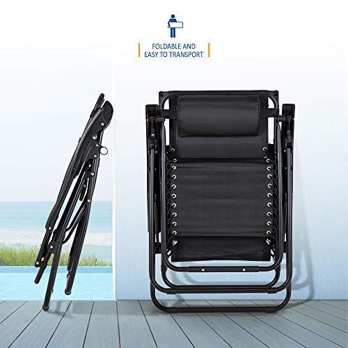 SUNMER Set of 2 Sun Lounger Garden Chairs With Cup And Phone Holder | Adjustable Headrest Pillow | Deck Folding Recliner Zero Gravity Outdoor Chair - Black