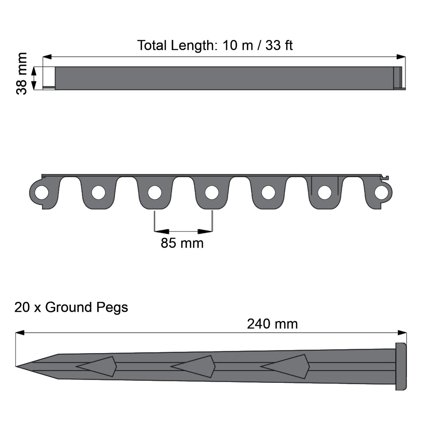 Grey Lawn Edging Border - 10 m / 33 ft Long Flexible Plastic Garden Edging & 20 Securing Pegs - Easy to Cut and Shape - Perfect for Flower Beds, Lawn, Pavement (38 mm High)