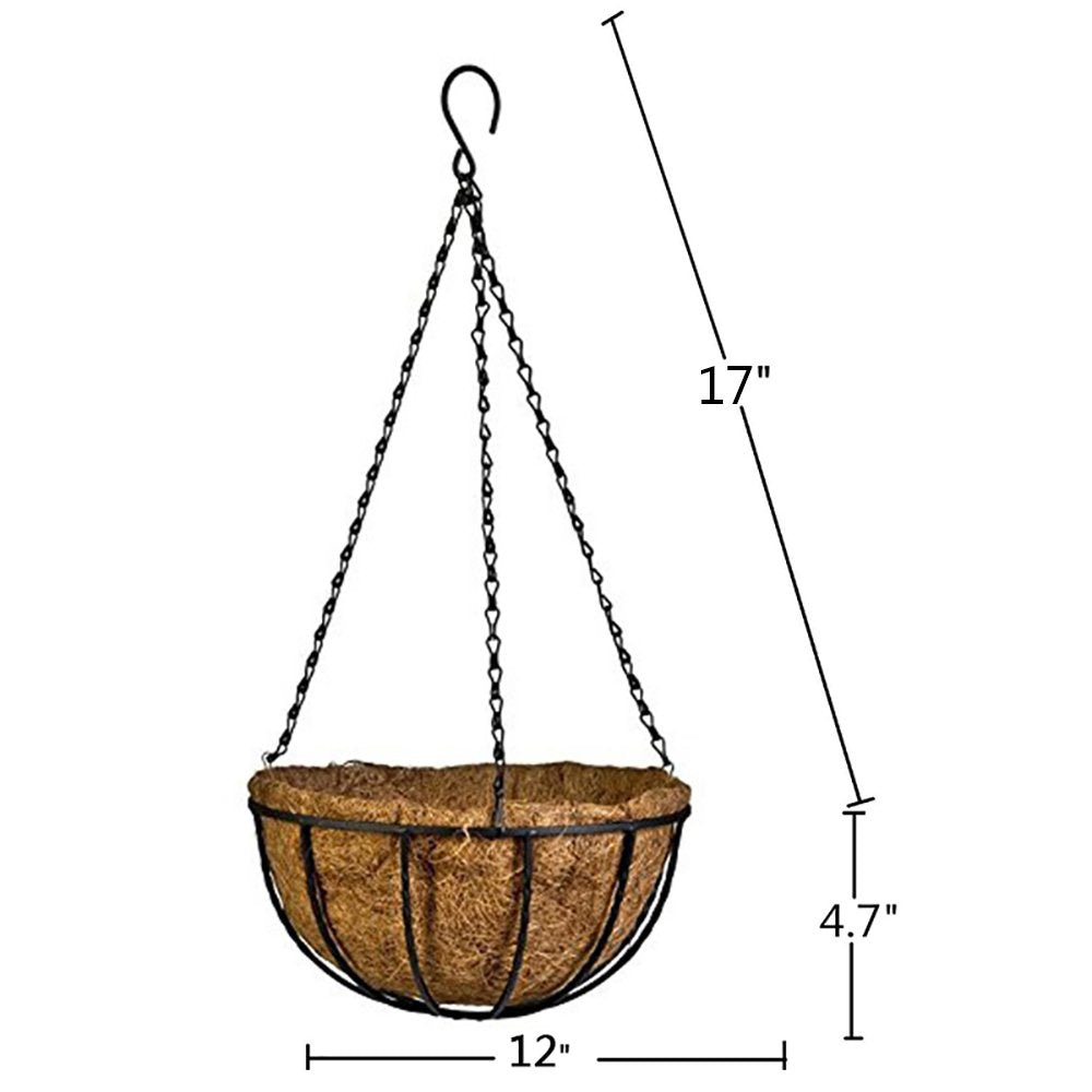 GQMMHFX 2 PCS Adjustable Hanging Flower Basket with Metal Chain Coconut Coir Liner Round Watering Flower Pots Plant Holder Garden Porch Decor for Outdoor Indoor(12 inch)