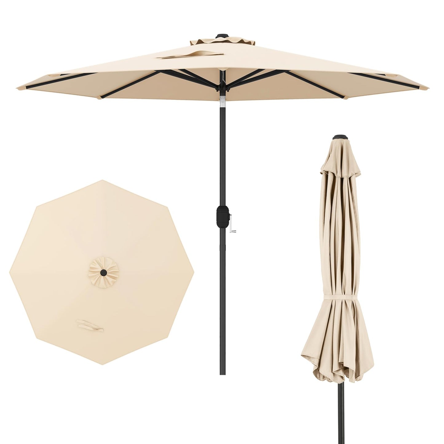 COSTWAY 2.7m Garden Parasol, Waterproof Patio Umbrella with Tilt, Crank Handle & Vented Top, 8 Ribs UV Protective Outdoor Table Sun Shade for Market Yard Pool (Beige)