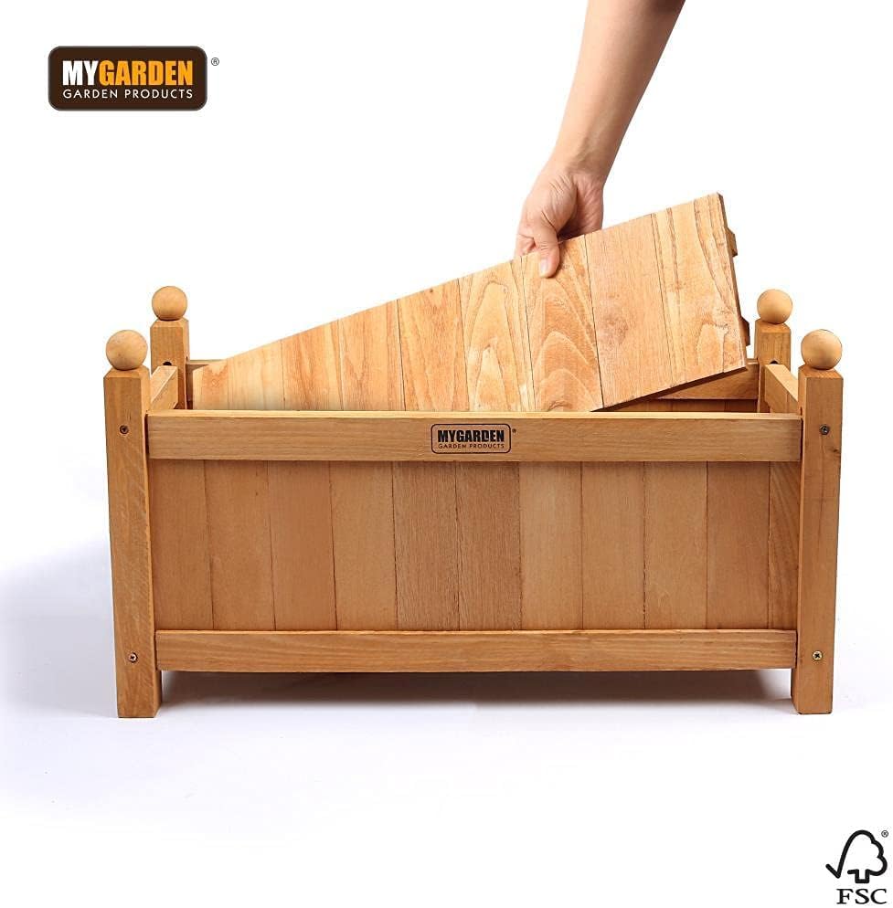 Vivo Technologies Set of 2 Large Wooden Garden Planter Outdoor Flowers Plant Pot Rectangular Garden Planters Planting Raise Bed Patio Decking, 60x20x34 cm, Natural