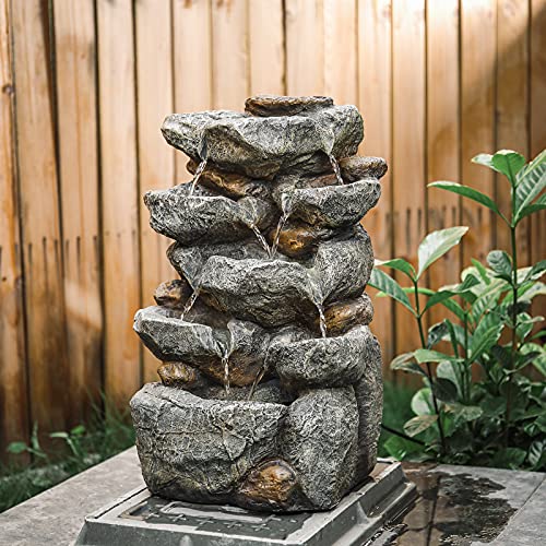 Garden Water Feature Decorate Cascading Tiered Water Fountain Pump Waterfall with LED Lights Indoor/Outdoor, Winding Rockery Waterfall, Dark Grey
