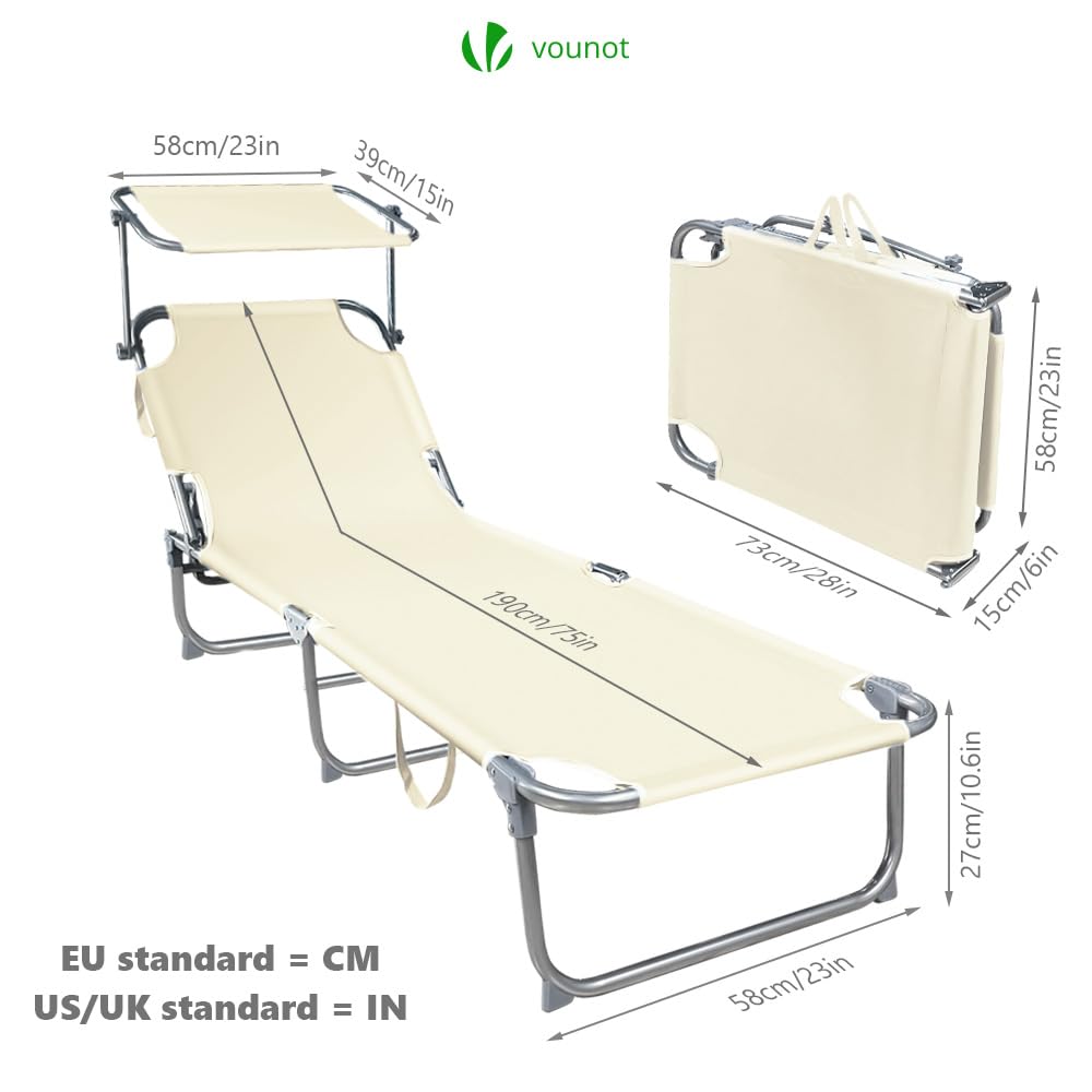 VOUNOT® Folding Sun Loungers Set of 2, Sunbed with Adjustable Backrest & Sunshade for Garden, Beach, Patio, Pool, Camp, Load 110 kg, Beige