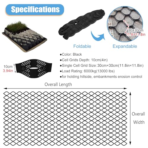 RENLXFI Geogrid Retaining Wall Reinforcement 4", HDPE Scalable Ground Geo Grid Driveway Ground Pavers for Landscaping, Black Permeable Paving Stabilizer with Drain Holes(6x20 m (20x66 ft))