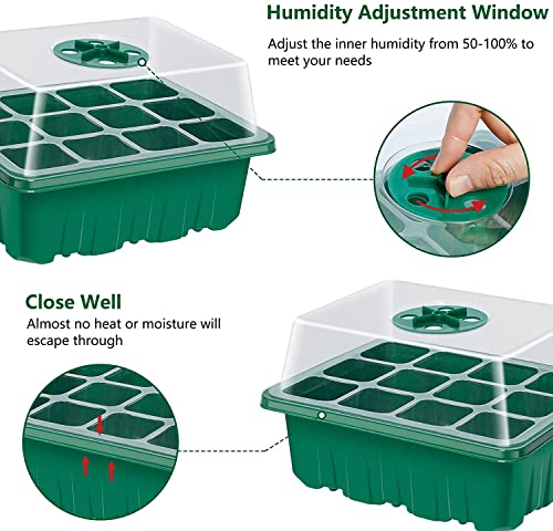 KAHEIGN 12Pcs Seed Starter Trays, 144 Cells Seed Propagator Trays Heavy Duty Plastic Plant Seed Growing Trays Kit with Adjustable Vents Dome and Base, 20Pcs Plant Labels, 2Pcs Seeding Tools