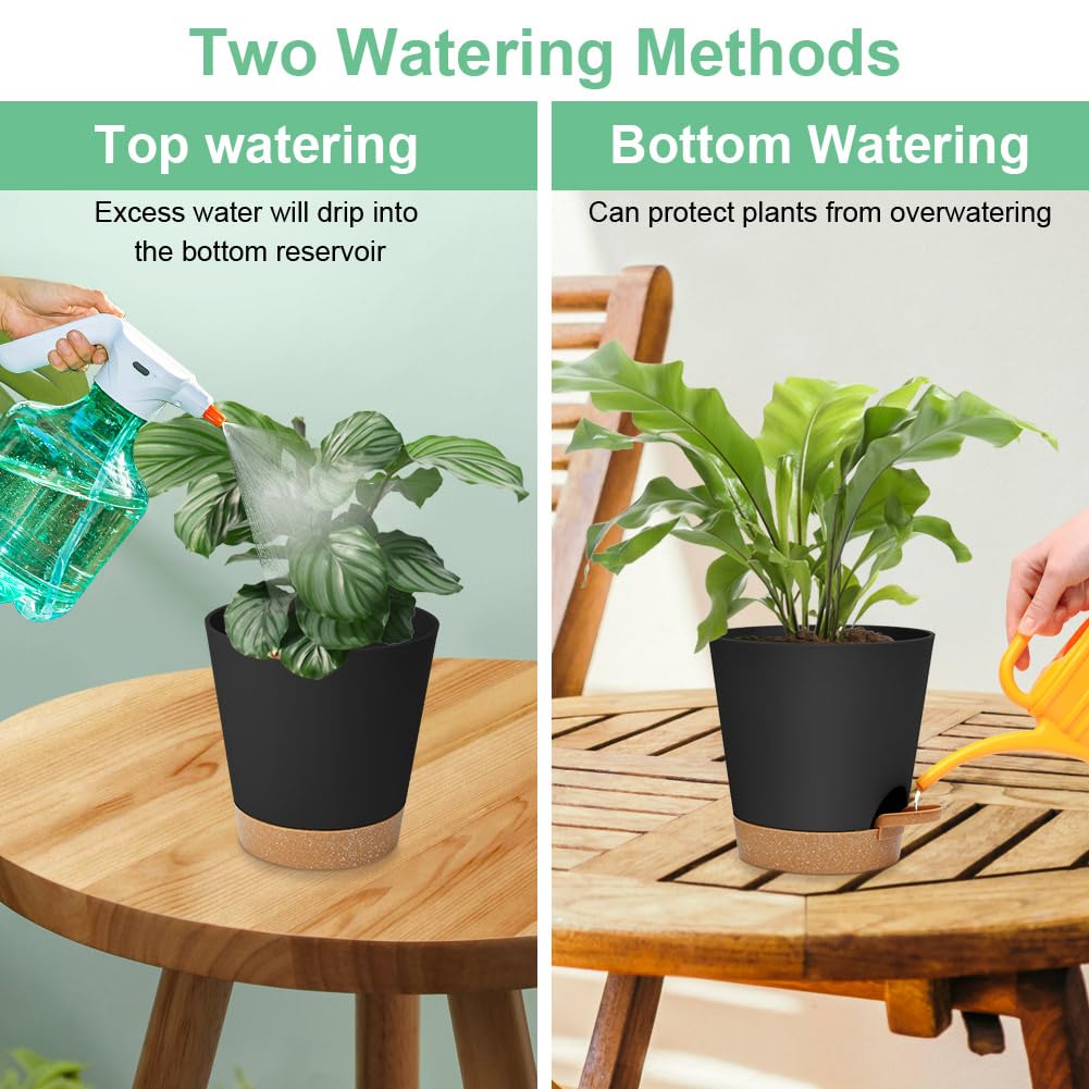 OFFCUP Plant Pots, 6pcs Plastic Plant Pots, 16.5cm Self Watering Plant Pots with Drainage Holes, Saucers and Reservoir, Suitable for Plants Indoor Modern Fashion Decorative Plastic Plant Pots (Black)
