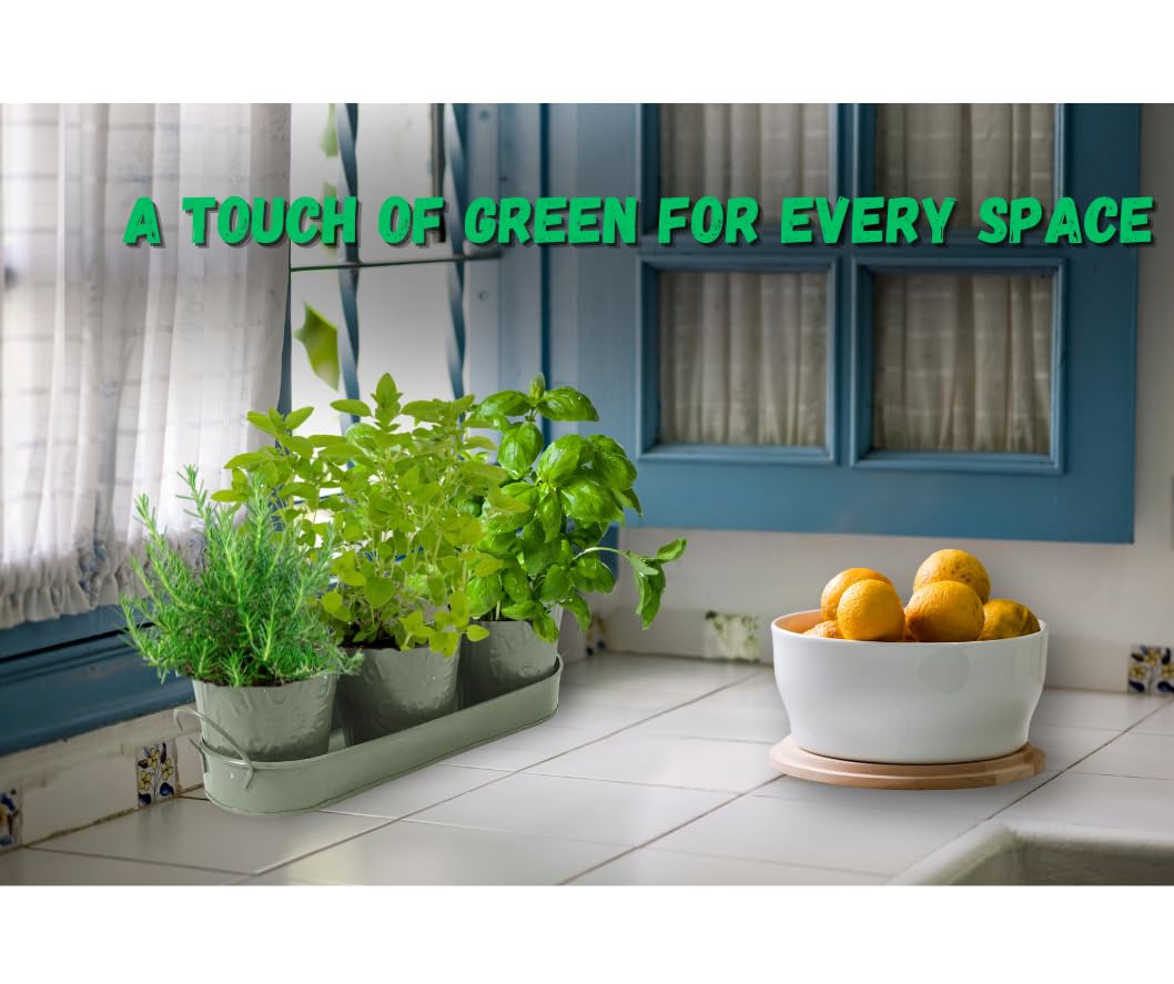 Trendi – Set of 3 Metal Plant Pots with Drip Tray | Embossed Indoor & Outdoor Plant Pots for Garden, Windowsill, Kitchen & Desk | Decorative Metal Flower Pots for Herbs & Plants | Olive Green