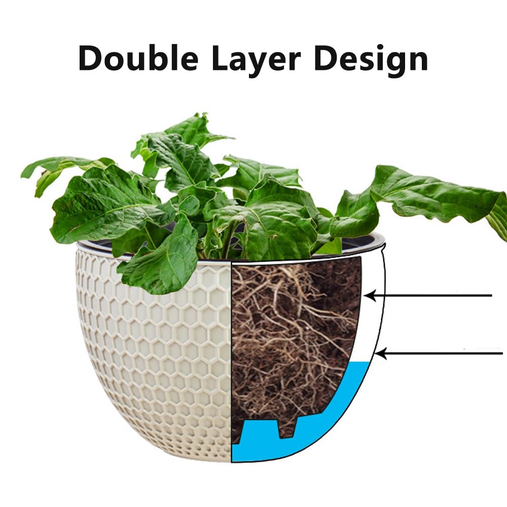 8.3inch Large Hanging Planters Plant Pots - Self-watering Hanging Baskets Set of 3 Flower Pot with Drainage Hole Chain for Home Garden Deco (Beige)