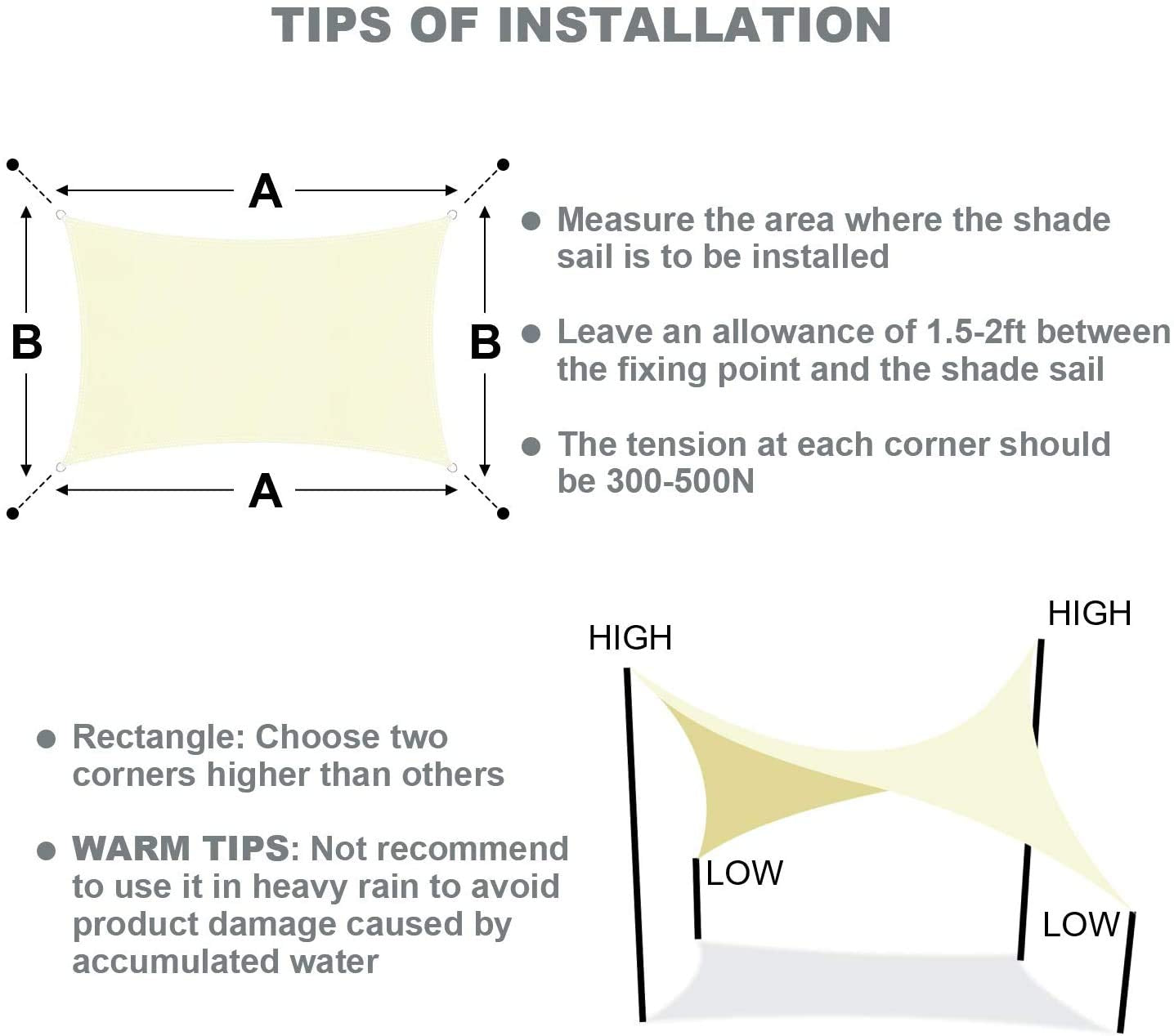 KAHEIGN Sun Shade Sail, 2.5m x 3m Waterproof 98% UV Block Sun Shade Canvas 120gsm Sunscreen Awning Canopy for Outdoor Garden Patio Yard Party (Cream)