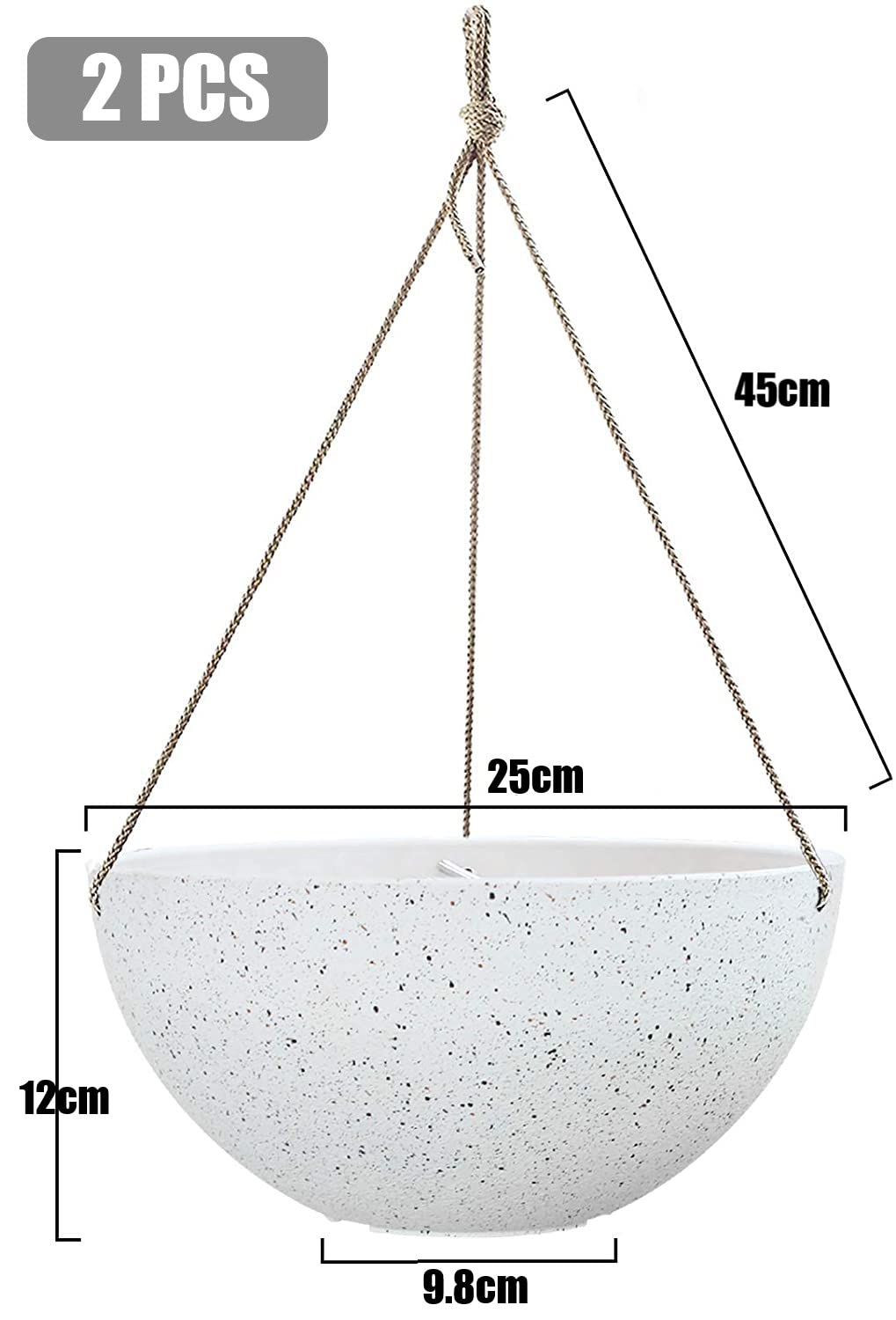 LATERN 2Pcs Hanging Flower Pots, 25cm Speckled White Hanging Plant Pots with Drainage Holes and Plugs, Hanging Planters for Boho Home Garden Decor