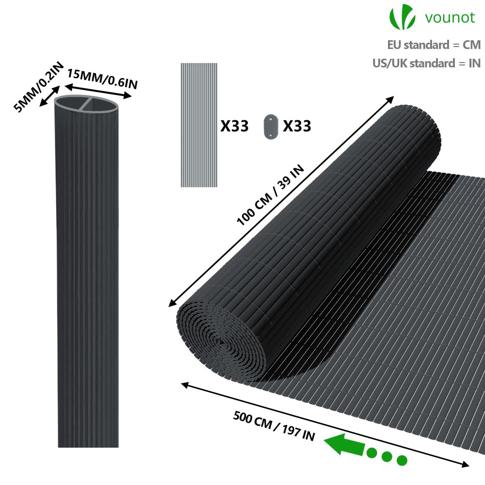 VOUNOT® PVC Privacy Screening Fence 100 x 500 cm, Reinforced Struts Privacy Protection for Garden, Balcony and Terrace, Wind and Sun Protection Outdoor, Grey