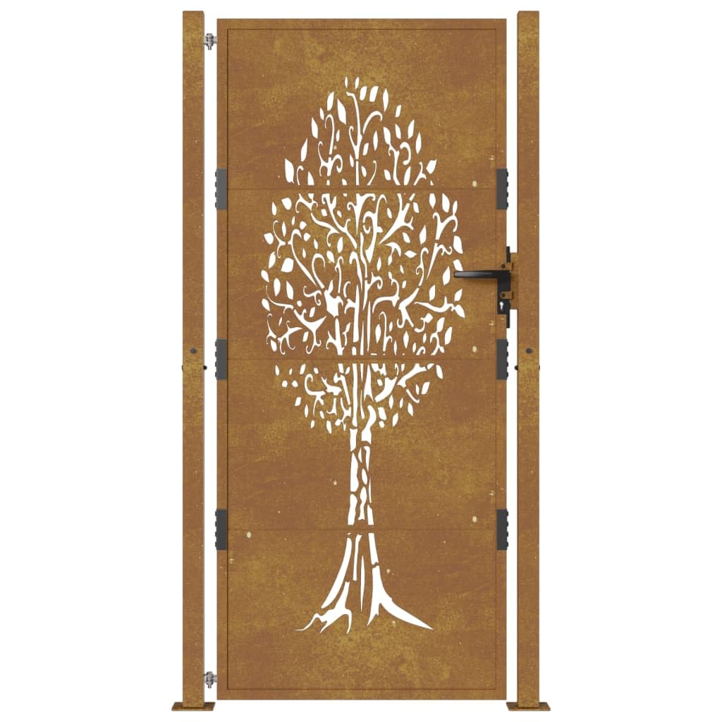 vidaXL Garden Gate with Laser-Cut Tree Design - 105x180 cm Rustic Brown, Corten Steel Construction, Lockable Door for Secure Entry, Heavy-Duty and Weather-Resistant