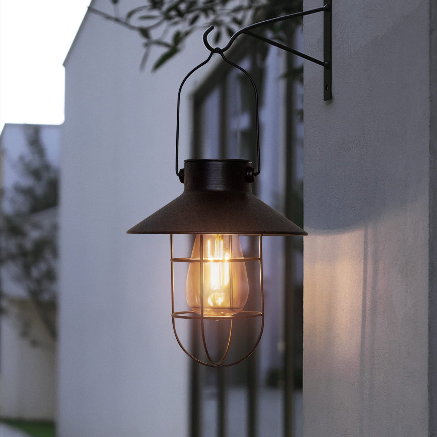 pearlstar Solar Lanterns Outdoor Metal Solar Powered Hanging Lights Waterproof for Wall Yard Garden Patio Garage Balcony Porch Fence Decor, Warm White Edison Bulb,with Wall Mount Kit（Black-2pack）