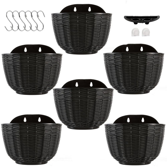 MoFarbe 21cm Hanging Planter Outdoor Pot: Wall Plant Hanging Flower Pots with Drainage Holes,Thickened Plastic Flower Basket for Indoor Outdoor Railing Fence Decor Set of 6 (Black)