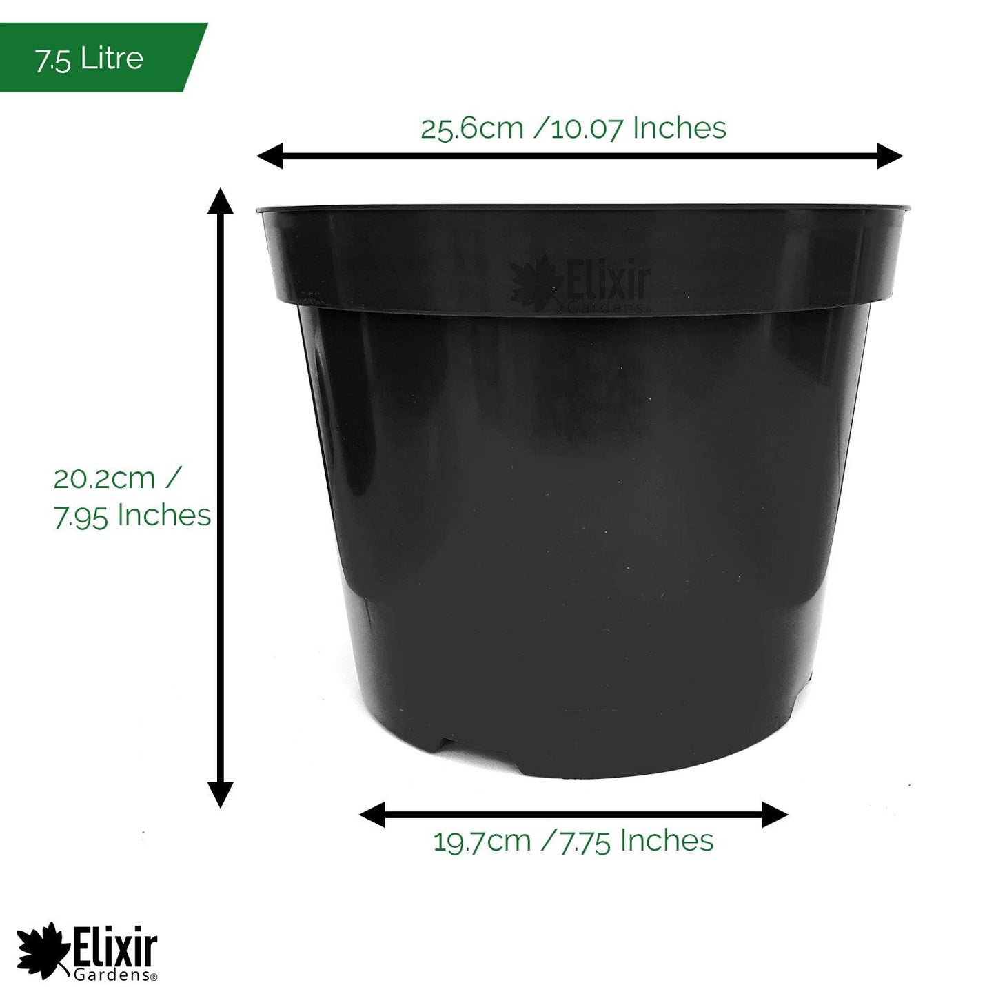 Elixir Gardens Round Black Recycled Plastic Garden Plants/Shrubs/Flower Pots with Reinforced Rim | Various sizes (1 to 60 litres) & various quantities available (from 2 to 1000) 7.5Litre x 10