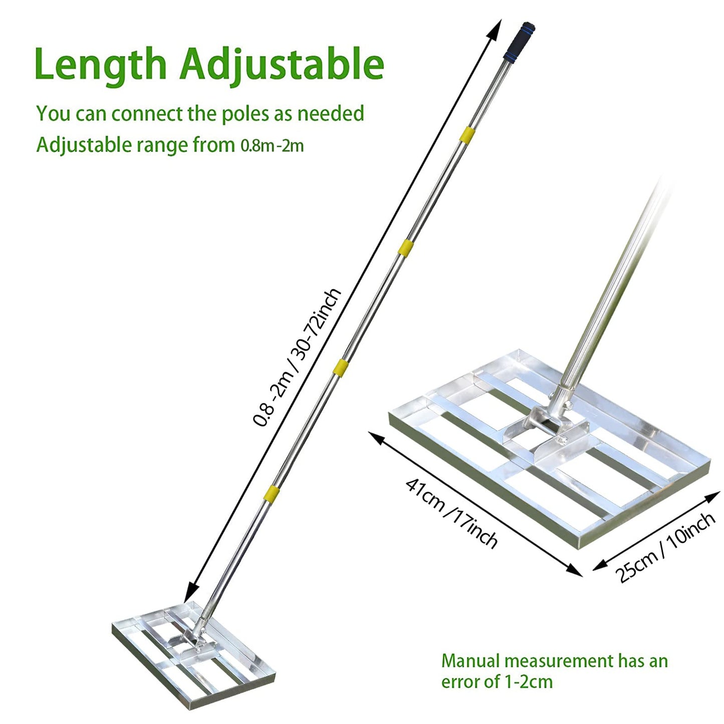 SurmountWay Lawn leveling Rake with Heavy-duty Stainless Steel Suitable for Courtyard Golf-16 ''x 10'' Lawn leveler tool(6.5FT), Silver (‎6.5FT,16 x 10In)