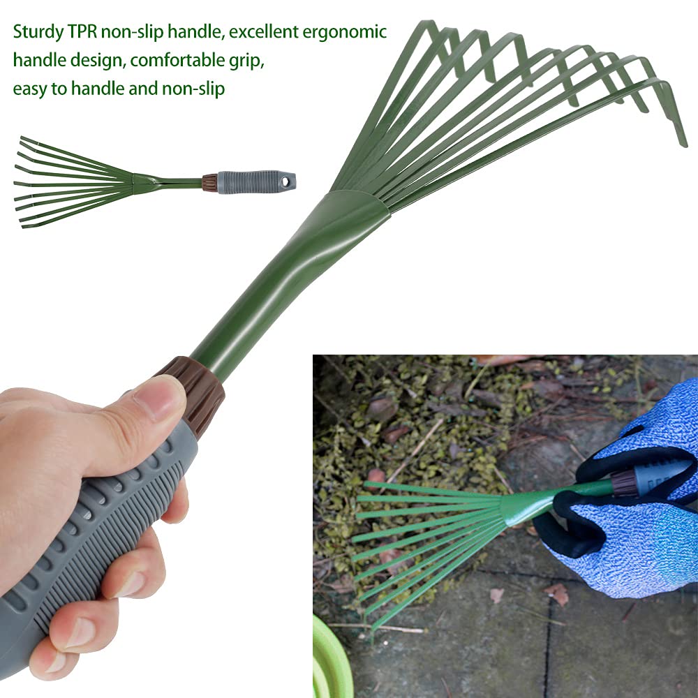 Mini Garden Rake 15.5 Inch 9 Root Iron Hand Fan Leaf Rake with Ergonomic Handle Heavy Duty Handheld Claw Rake for Garden Patio Backyard,Sweep,Picking