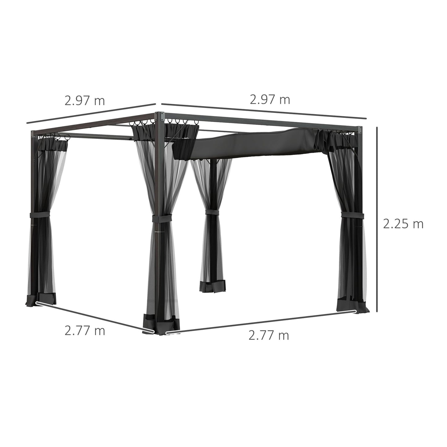 Outsunny 3 x 3 m Pergola with Retractable Roof Canopy and Netting Sidewalls, Aluminium Frame Garden Gazebo Outdoor Sun Shade Shelter for Grill, Patio, Deck, Dark Grey