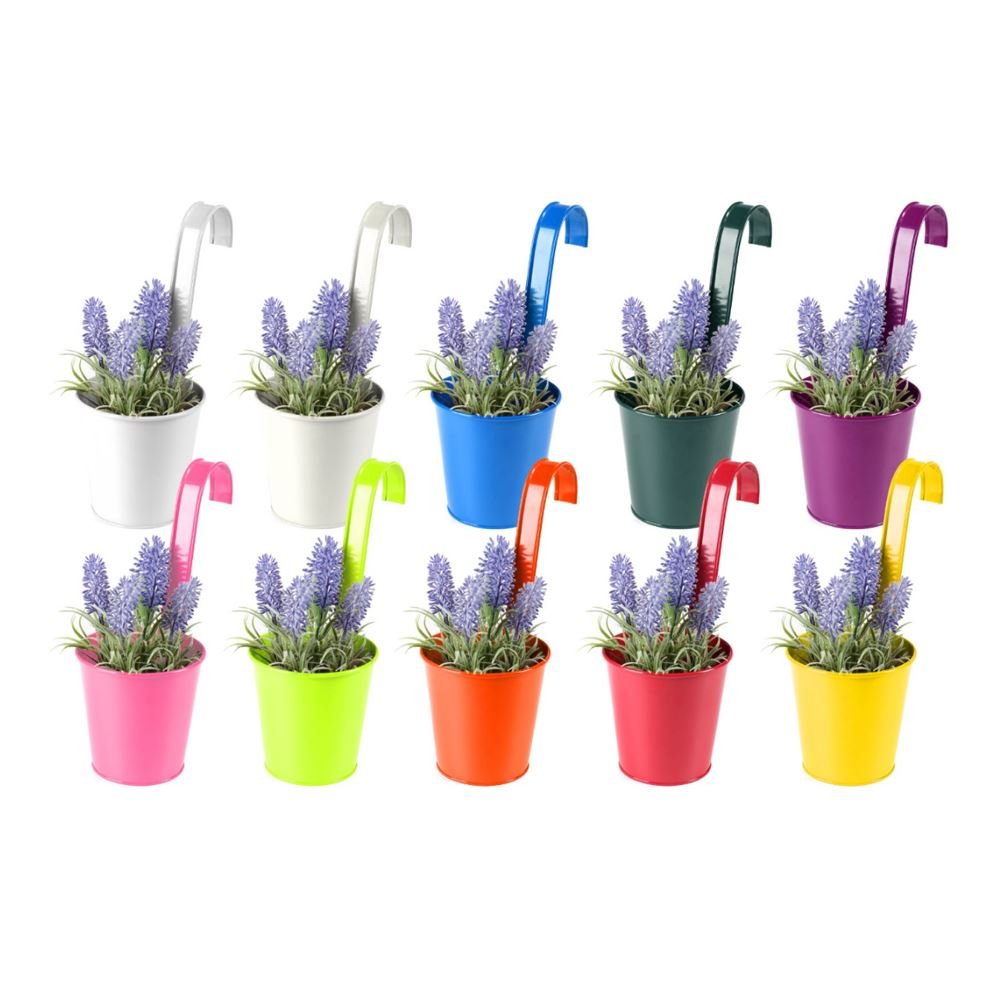 simpa 10 x Bright Colourful Metal Balcony Plant Flower Pot Hanging Vase Set of 10 Bright Colours Extra Thick Durable Steel Design Home Garden Décor