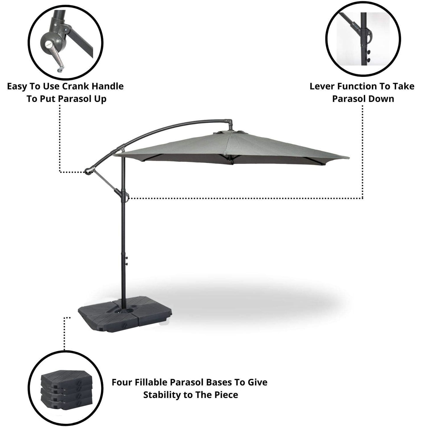 GardenCo 3m Cantilever Banana Parasol INCLUDES BASES & COVER - Hanging Parasol with Crank Handle - Outdoor Garden and Patio Sun Shade (Grey)