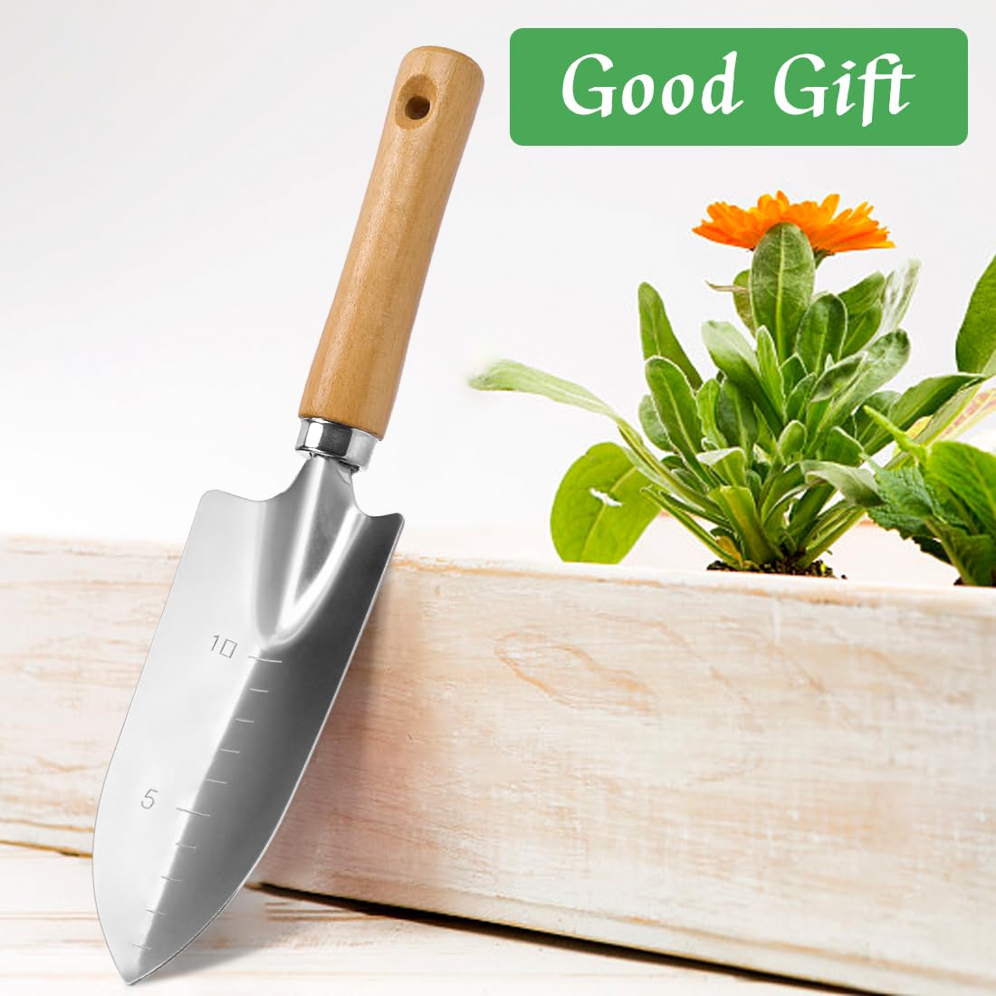 Small Garden Shovel with Wood Handle, Hand Tool Aluminum Alloy Garden Shovel with Measuring Depth Mark for Transplanting Weeding and Digging and Planting