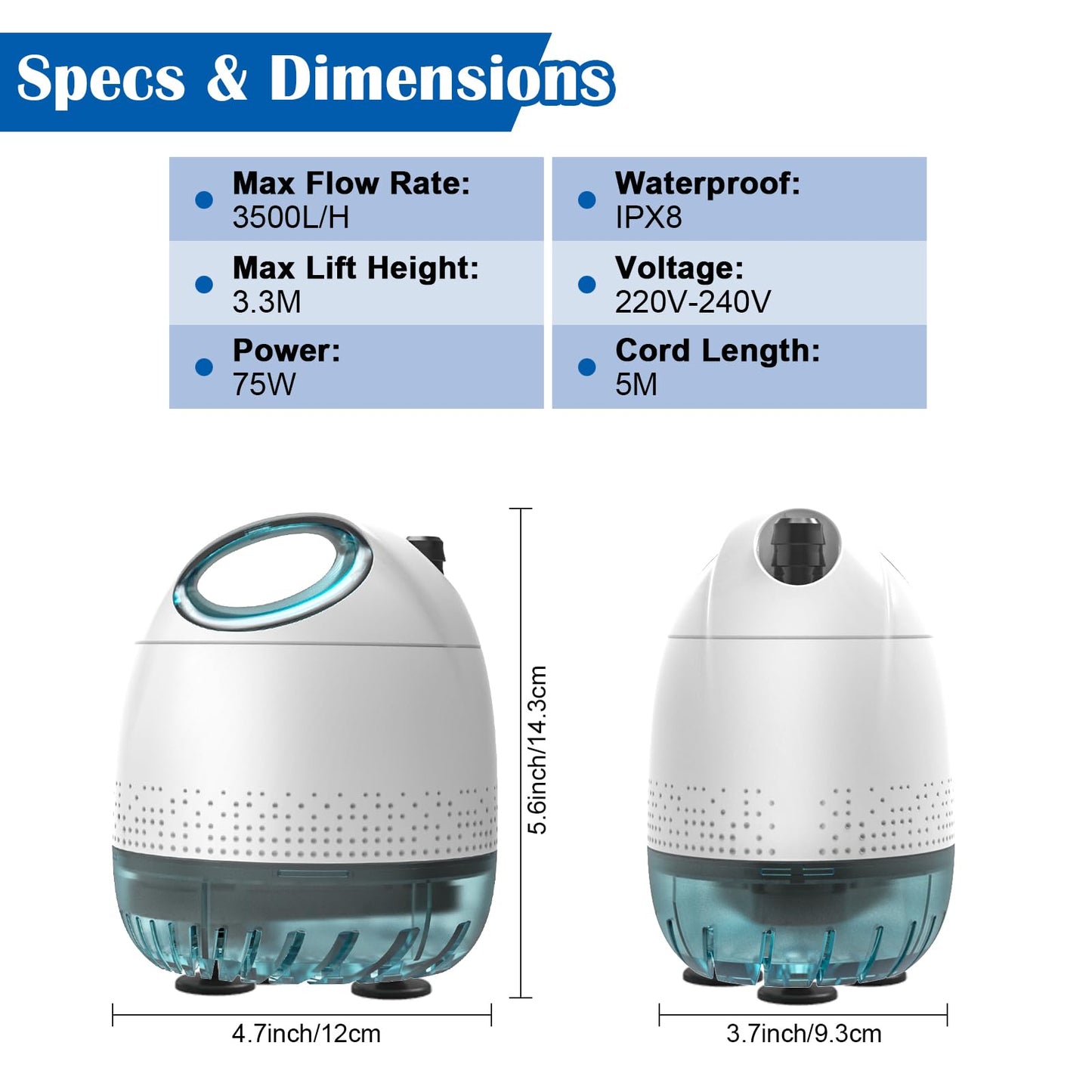 BAITAI Submersible Water Pump(3500L/H,75W),Ultra Quiet Water Feature Pump with 5m Power Cord,3 Nozzles for Fish Tank, Pond, Aquarium, Statuary, Hydroponics,Pool & More