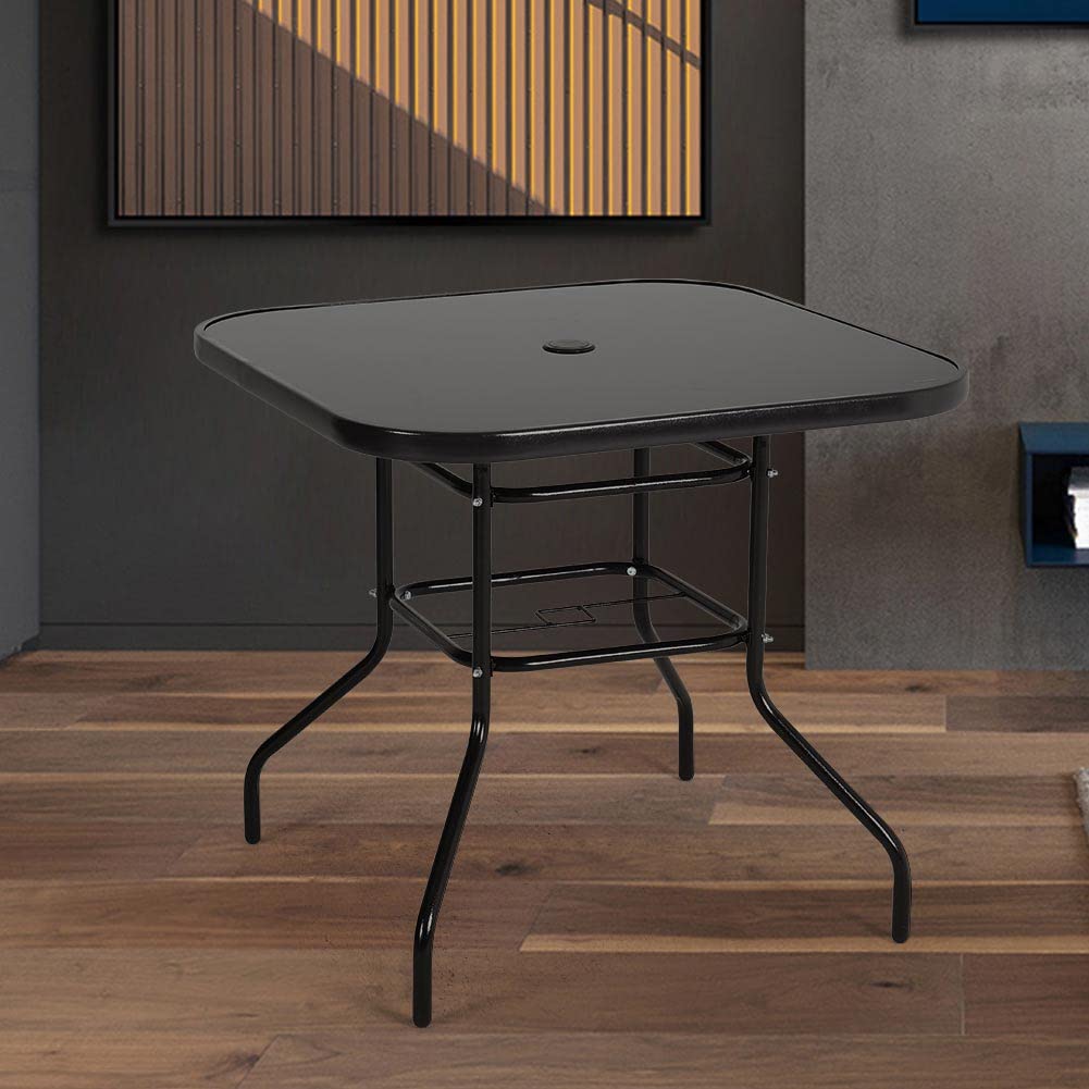 The Fellie Garden Table Outdoor Dining Table Tempered Glass Top Coffee Table Patio Table with Parasol Hole (Square-80 x 80 x 72cm)