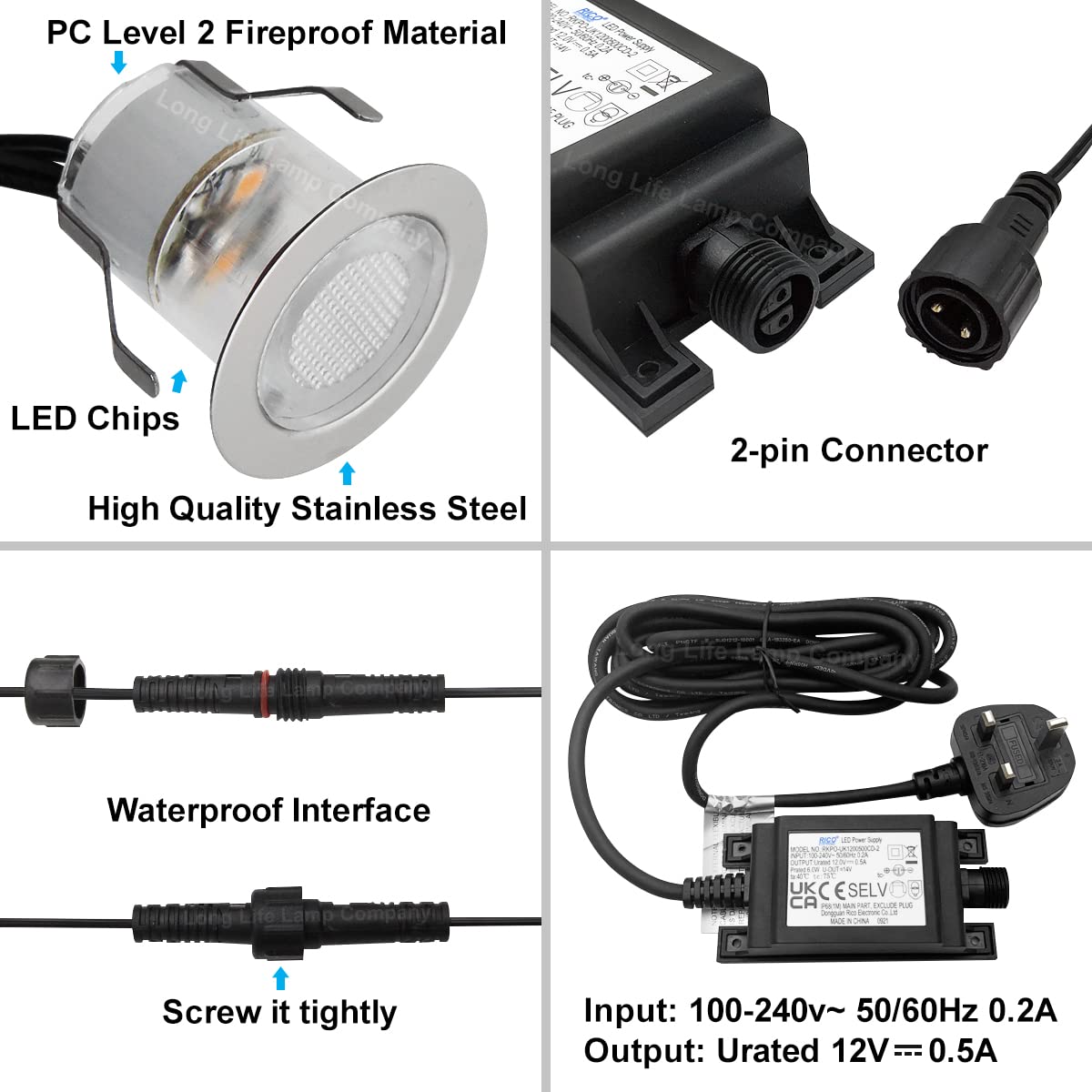 Long Life Lamp Company IP68 Outdoor LED Decking Lights 30mm Round Warm White 3000k 10 Kit DEC10WW