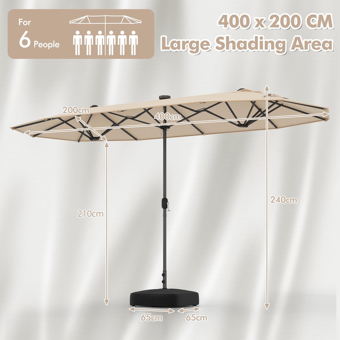COSTWAY 4M Double-Sided Parasol, Outdoor Extra Large Sun Umbrella with Base, Solar LED Lights and Crank Handle, Market Sunshade Shelter Canopy for Garden Patio Beach Yard (Beige)