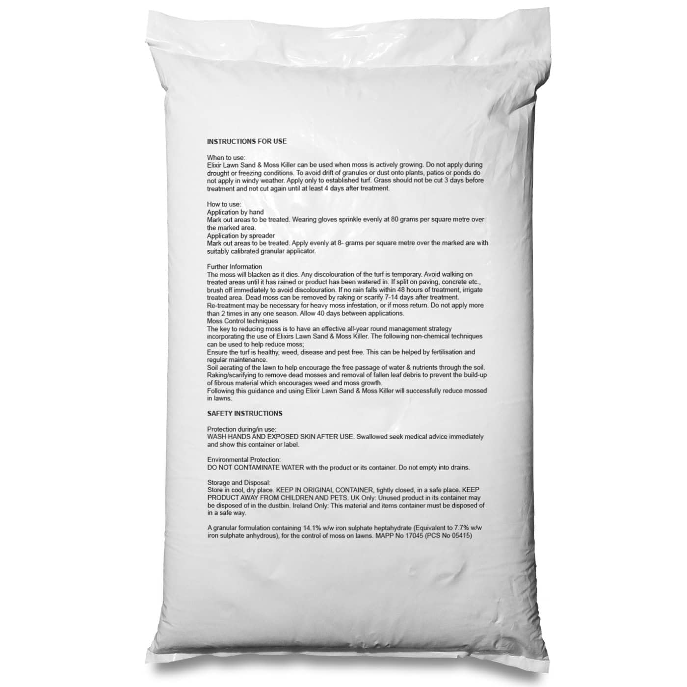 Elixir Gardens Lawn Sand & Moss Killer Treatment | Turf Green Up with Iron Sulphate | 4-0-0-3Fe | 20kg Bag | Treats over 310 sq. meters