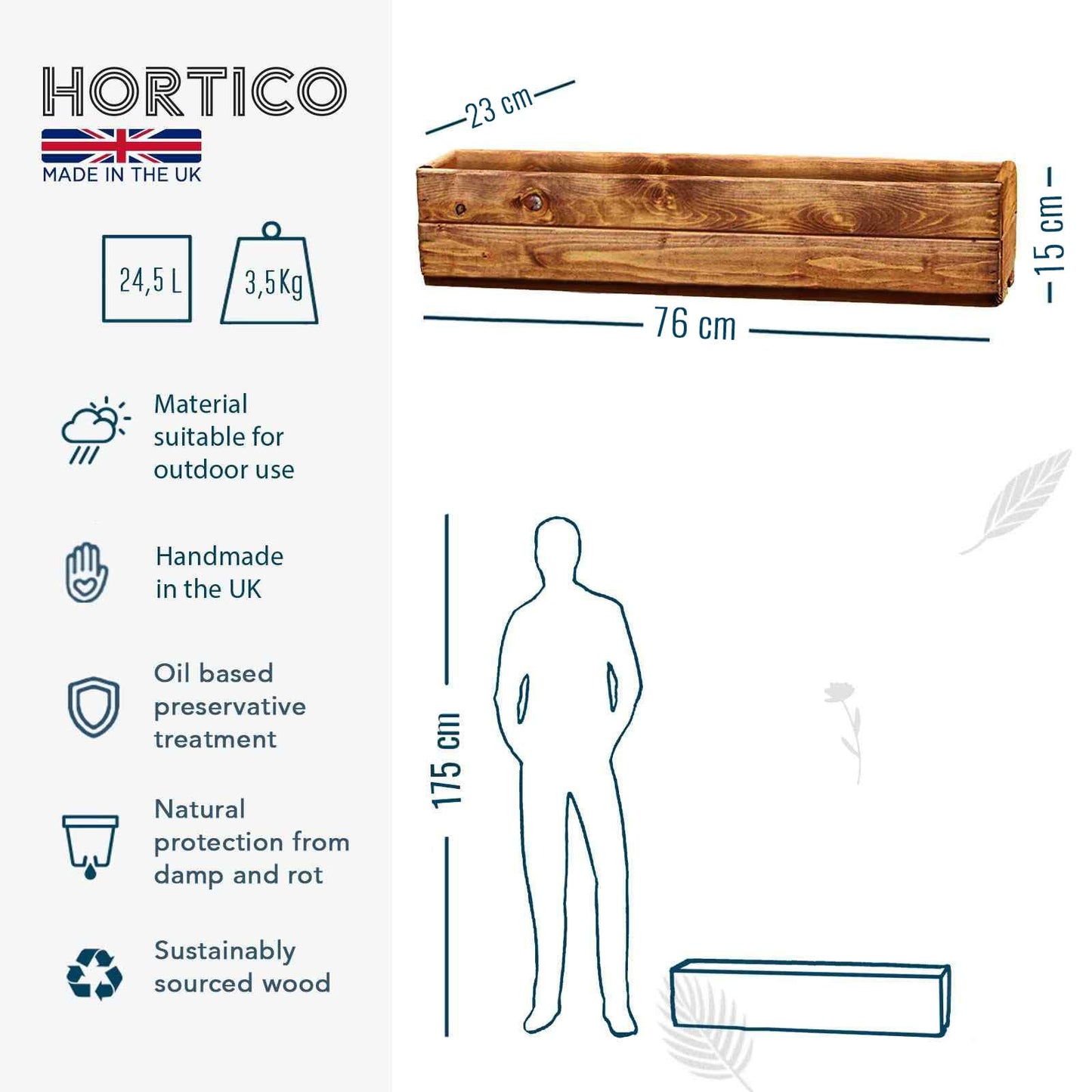 HORTICO Wooden Garden Planters | Window Box | Rectangular Plant Pots Outdoor | Fully Assembled H15 L76 W23 cm, 24.5L, Made in the UK