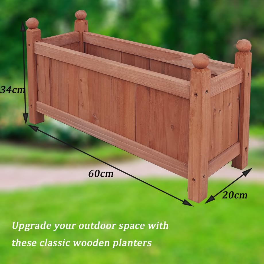 Vivo Technologies Set of 2 Large Wooden Garden Planter Outdoor Flowers Plant Pot Rectangular Garden Planters Planting Raise Bed Patio Decking, 60x20x34 cm, Natural