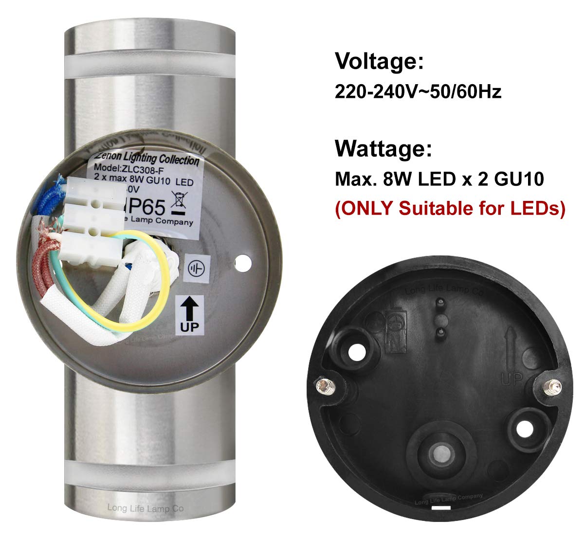 Long Life Lamp Company 2 x Exterior Outdoor Up Down Wall Light IP65 Transparent Diffuser Stainless Steel ZLC308-F Use with LED GU10 Bulb Only