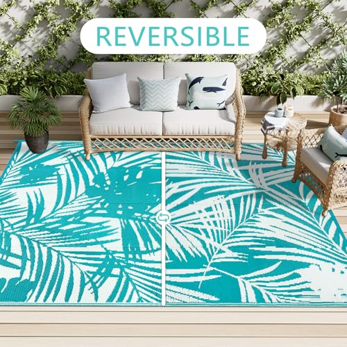 Famiaby Outdoor Rugs Waterproof Large Patio Garden Rugs Portable Camping Mat Lightweight Picnic Blanket Floor Mat for Balcony Deck Backyard Porch Beach BBQ (Teal, 180 x 270 cm)
