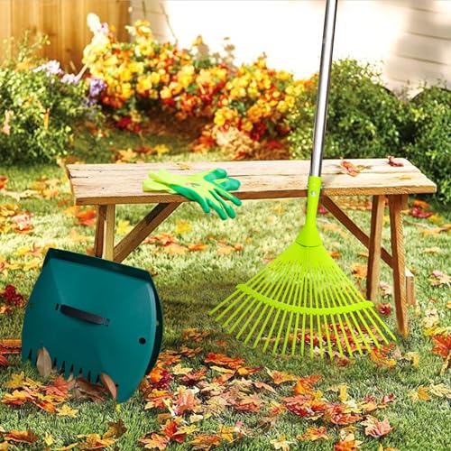 Hortem Garden Leaf Rake Set, Telescopic Rake Gardening, include 24-Teeth Aluminum Lawn Rake and Lightweight Garden Yard Leaf Scoops (Green)