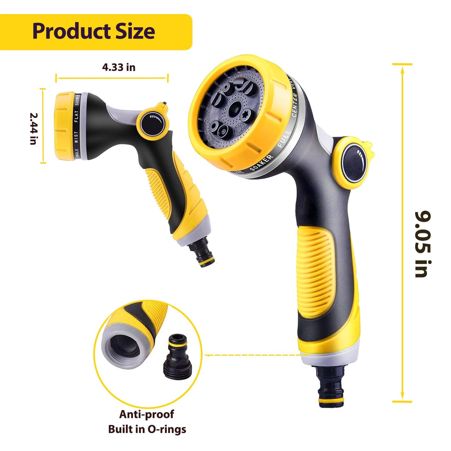 Garden Hose Spray Gun, HundoPony Water Hose Spray Gun 10 Modes High Pressure Water Spray Gun for Plant Watering Car Washing Pet Washing Sidewalk Cleaning-Yellow