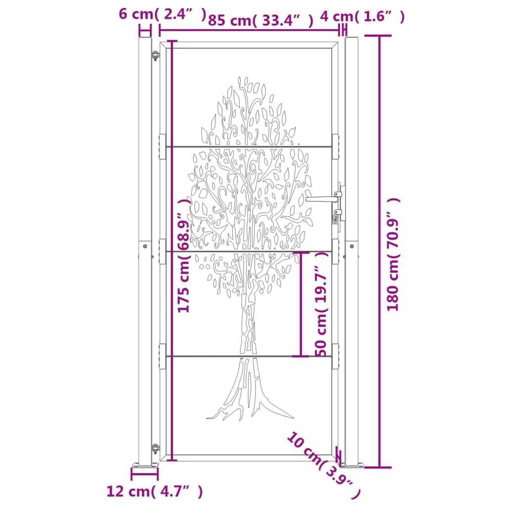 vidaXL Garden Gate with Laser-Cut Tree Design - 105x180 cm Rustic Brown, Corten Steel Construction, Lockable Door for Secure Entry, Heavy-Duty and Weather-Resistant