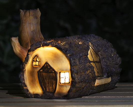garden mile Solar Powered Light Up Log Fairy House Garden Solar Lighting Indoor Outdoor Ornament Wood Effect Resin Decoration - solar lights outdoor garden