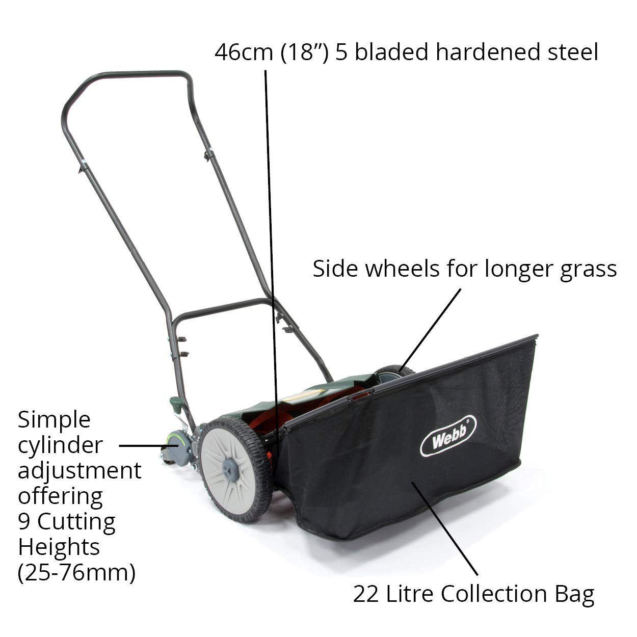 Webb WEH18 Contact Free Manual Cylinder Lawnmower with Rear Roller, 9 Cutting Heights, 46cm Cutting Width and 22L Collection Bag - 3 Year Guarantee