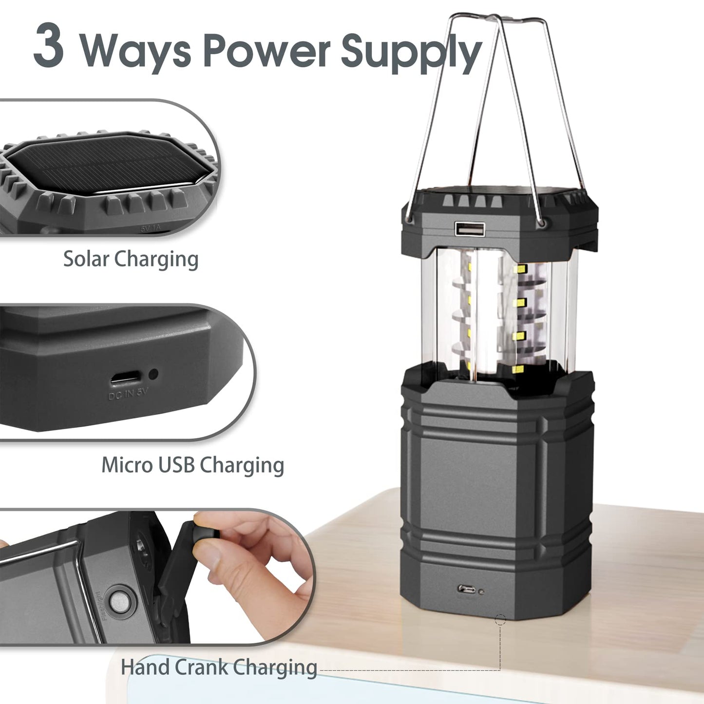 Camping Lantern, Rechargeable Camping Lights with Solar, Hand Crank and USB Charger, Collapsible Tent Light with Handles, Portable Electric LED Light for Outdoor Camping and Tent