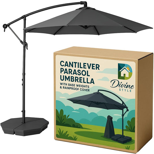 Divine Style 3M Cantilever Parasol with Base Weights Included and Free Waterproof Cover. The Perfect Garden Umbrella Parasol with Superb Stability, Versatility and Sun Shades for Garden