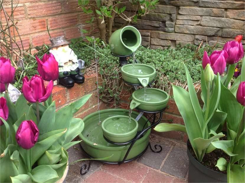 Primrose 55cm Green Solar Powered Ceramic Jug & Bowl Outdoor Water Feature with Battery Backup and LED Lights
