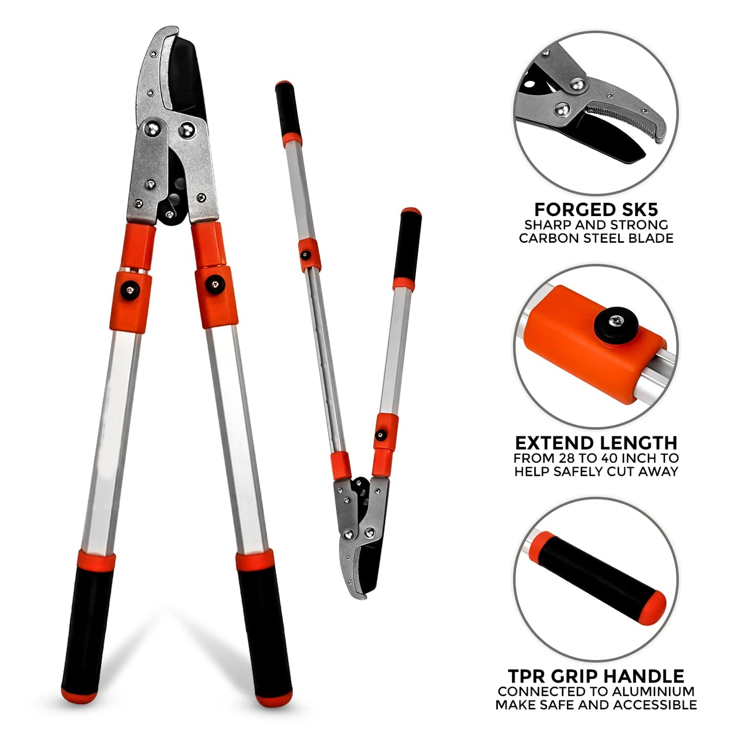 28"- 40" Extendable Tree Loppers for Gardening, Telescopic Garden loppers Long Reach, Anvil Lopper Tree Pruner, SK5 Razorsharp Blades Advance Heavy Duty Long Handled (Orange)